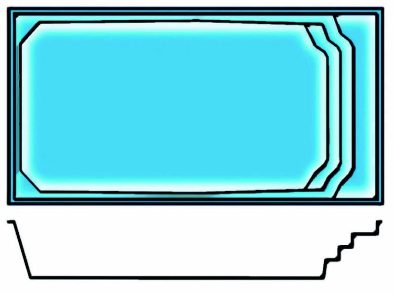 Plan technique de la piscine coque rectangulaire avec escaliers sur toute la largeur. Modèle idéal pour une installation par Generale Piscines dans le Vaucluse (84).