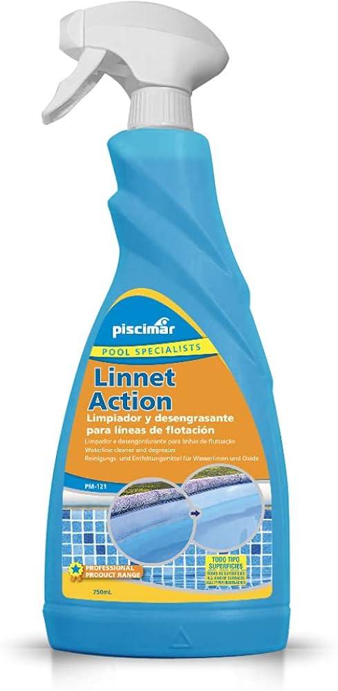 Linnet Action Piscimar : Spray dégraissant professionnel pour le nettoyage de la ligne de flottaison de votre piscine coque. Disponible chez votre pisciniste expert en entretien dans le Vaucluse et les communes limitrophes